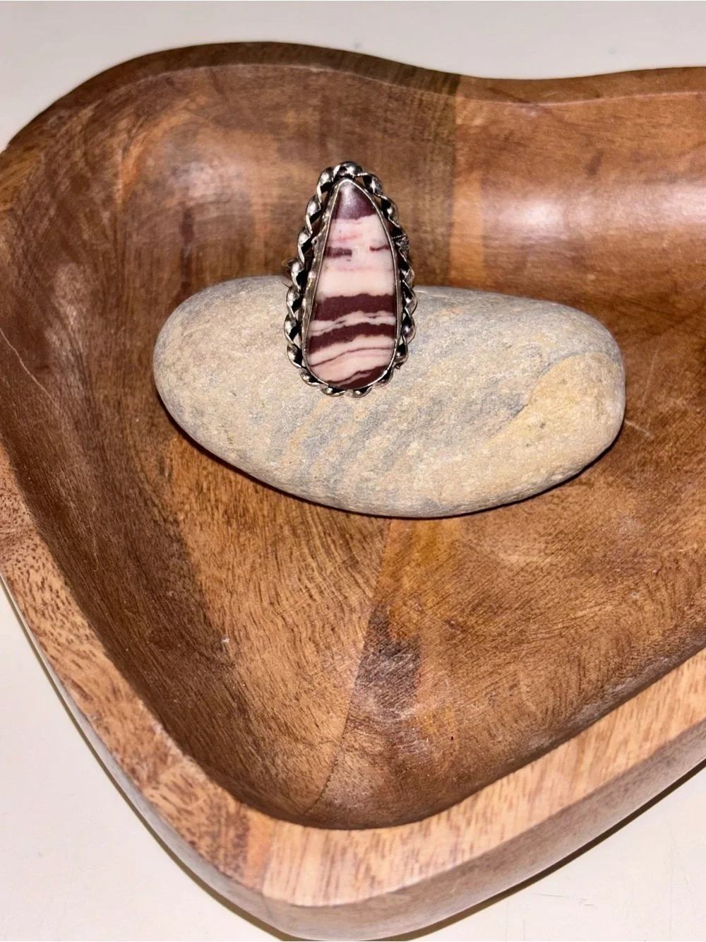 Marbled Brown & Cream Stone Statement Ring Silver Plated Boho Ring Size 6